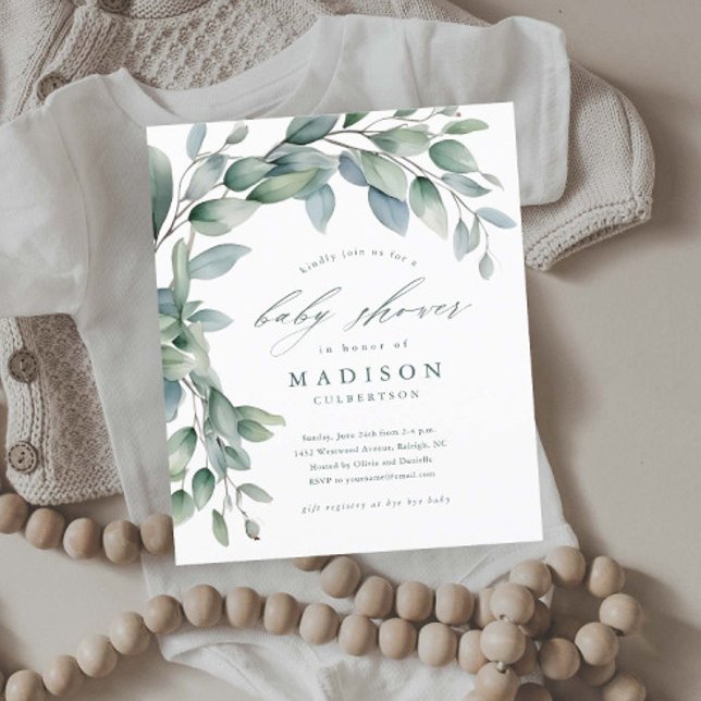 Convites de Chuvada de Bebê Neutro em Gênero com E (Budget Eucalyptus Greenery Leaves Baby Shower Invitations.)