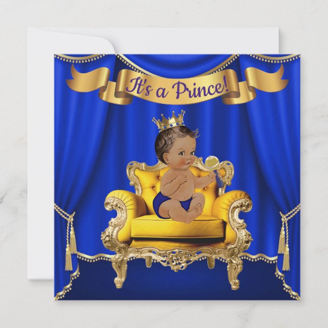 Convites de Chuveiro de Bebê Azul Real Dourado (Frente)