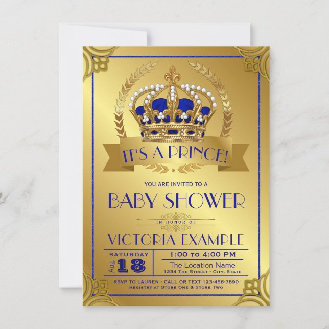 Convites de Chuveiro de Bebê Azul Real e Dourado p (Frente)