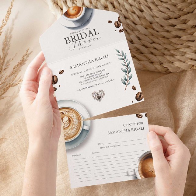 Convites de Chuveiro de Noiva Tudo-em-Um O Amor Es (Coffee themed bridal shower invitations with recipe cards. Tri-fold seal and send. )