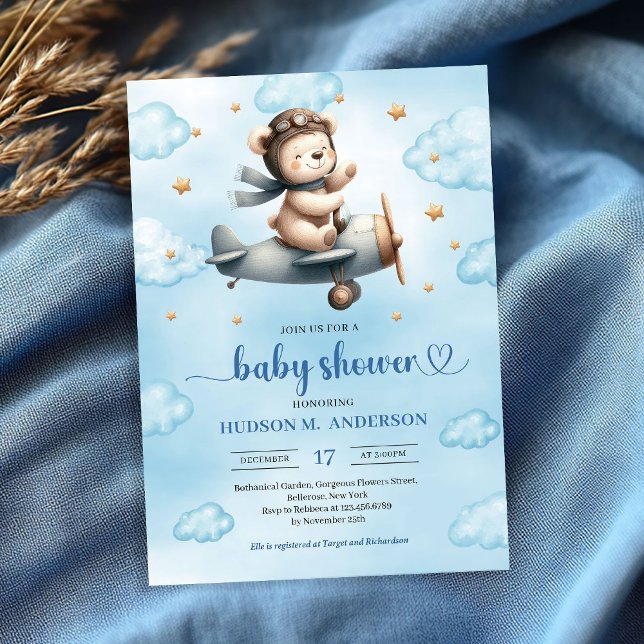 Convites de Chuvinha de Bebê Menino Urso Teddy Pil (Cute Teddy Bear Pilot Blue Gold Boy Shower Invitation

)