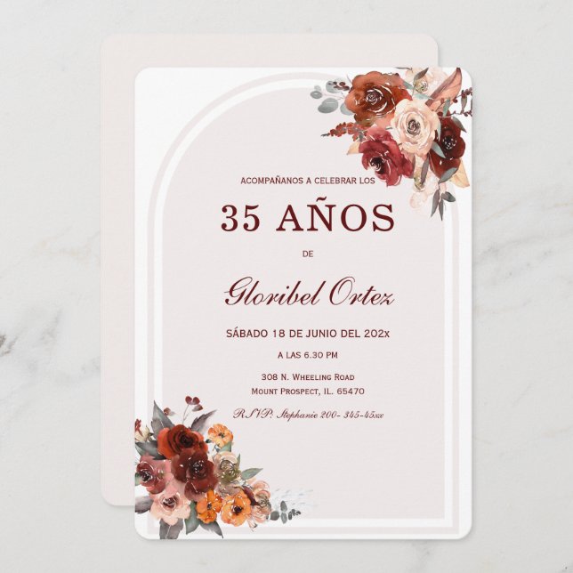 Convites De Cumpleaños Terracota Borgoña (Frente/Verso)