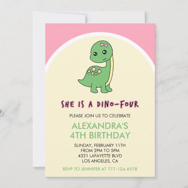convites de dinossauro menina 4º aniversário rosa  (Frente)