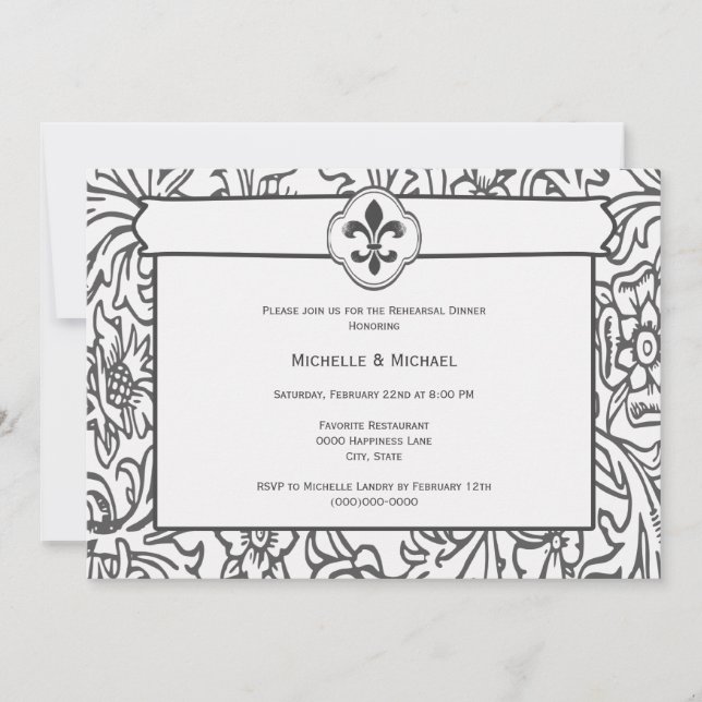 Convites de Evento Elegantes Preto Branco Fleur de (Frente)
