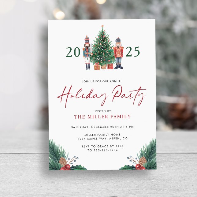 Convites de Feriado Botânico de Aquarela (Christmas 2025 Nutcracker Watercolor Botanical Holiday Party Invitations by Painted Paperie
)