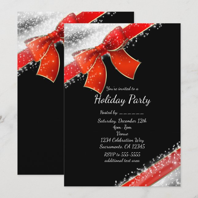 Convites de Férias Pretos Chic com Laço Vermelho e (Frente/Verso)