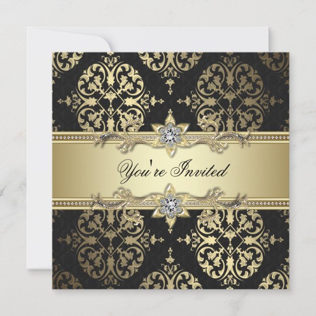 Convites de festa Black Gold Black Damask (Frente)