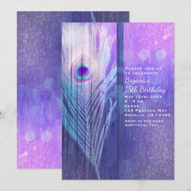 Convites de Festa Boho Glam Roxo Pena de Pavão (Frente/Verso)