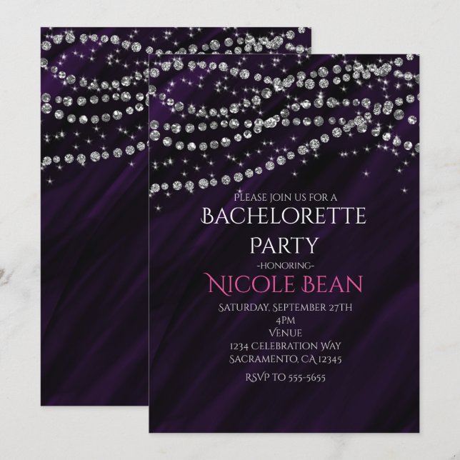 Convites de festa brilho glamour roxo e diamante (Frente/Verso)