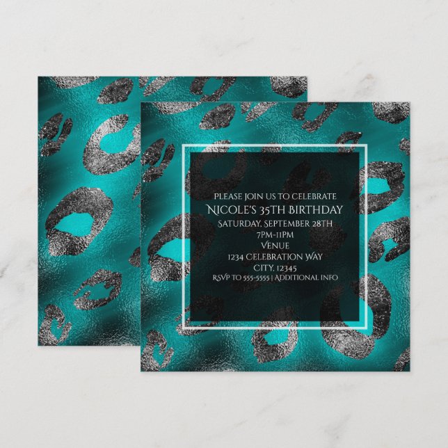 Convites de festa com estampa de leopardo azul tur (Frente/Verso)