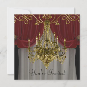 Convites de festa com lustre dourado e vermelho Bo