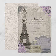 Convites de Festa com Rosas Roxas da Torre Eiffel 