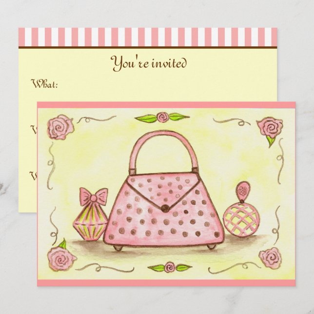 Convites de festa de aniversário com bolsa cor-de- (Frente/Verso)