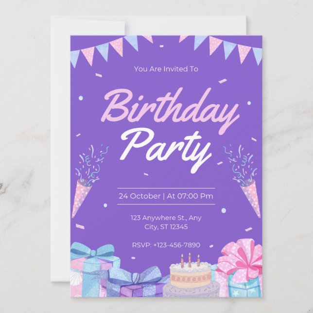 Convites de festa de aniversário roxos. (Frente)