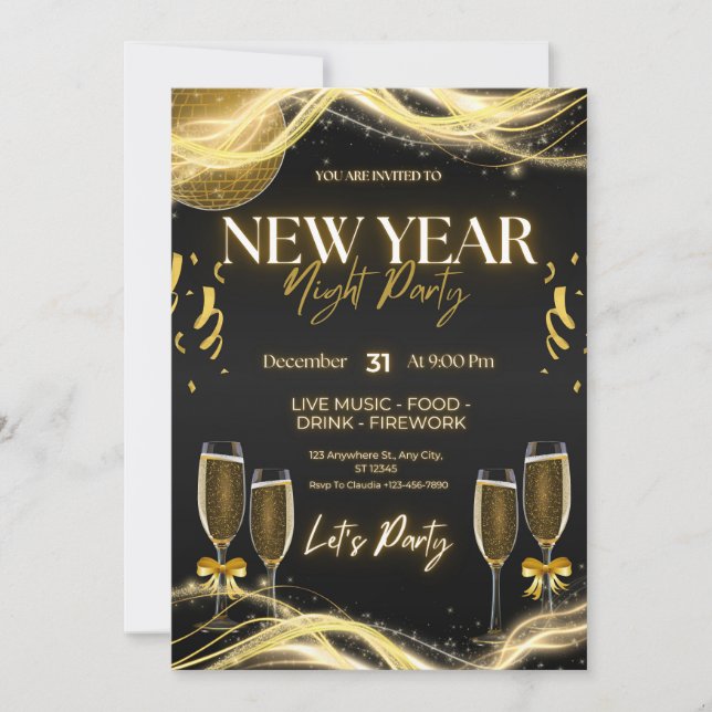 Convites de Festa de Ano Novo Elegantes – Dourado  (Frente)
