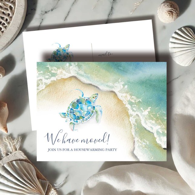 Convites de Festa de Aquecimento da Casa de Praia  (housewarming invitations beach watercolor sea turtle art by Victoria Grigaliunas of Do Tell A Belle)
