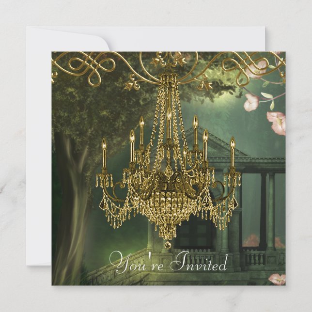 Convites de festa de candelabro dourado em verde f (Frente)