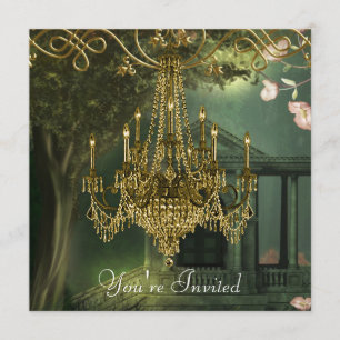 Convites de festa de candelabro dourado em verde f