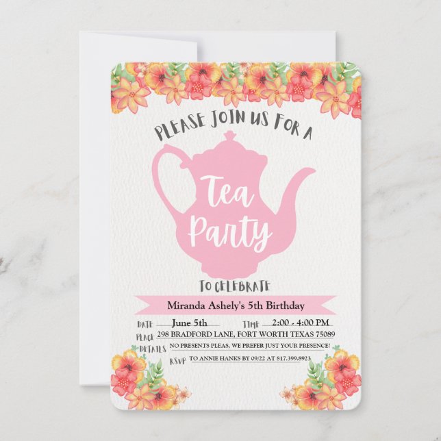 Convites de Festa de Chá para Meninas (Frente)