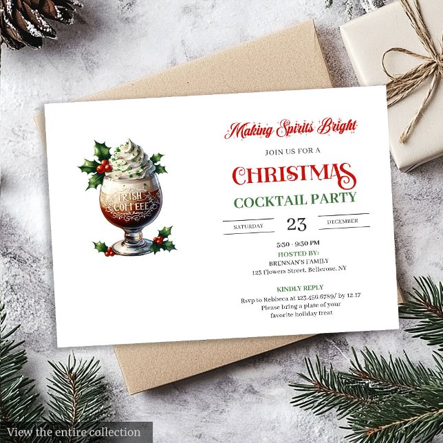 Convites de Festa de Coquetéis Festivos Vermelhos  (Classic Red Green Festive Cocktails Party Invitation)