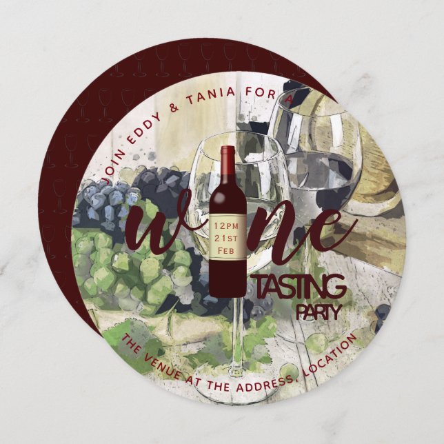 Convites de Festa de Degustação de Vinhos ROUND Aq (Frente/Verso)