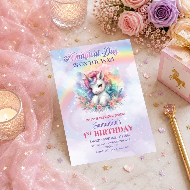 Convites de Festa de Dia Mágico de Unicórnio Paste (Whimsical Pastel Unicorn Magical Day Party Invitation

)