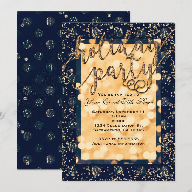 Convites de Festa de Fim de Ano com Pontos Dourado (Frente/Verso)