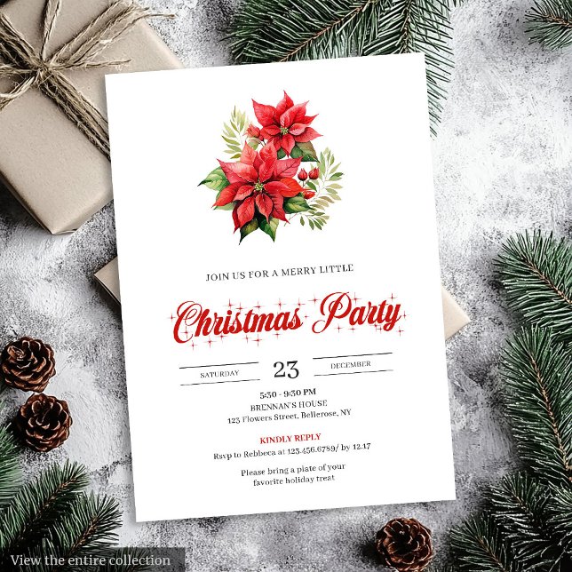 Convites de Festa de Fim de Ano Poinsettia Vermelh (Trendy Red White Poinsettia Holiday Party Invitation)
