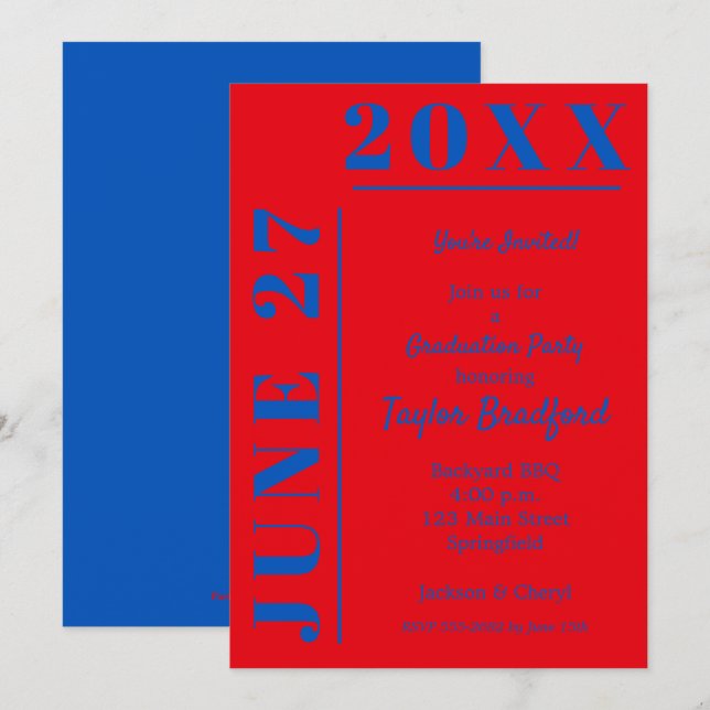 Convites de Festa de formatura Azul e Crimson (Frente/Verso)