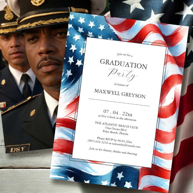Convites de Festa de Formatura com Foto Bandeira A (Photo graduation invitations watercolor American flag.)