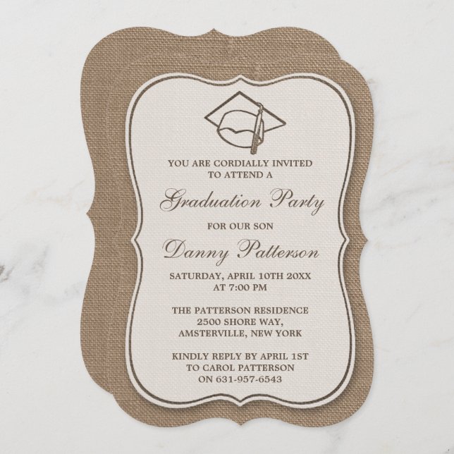 Convites de Festa de formatura Rustic Burlap (Frente/Verso)