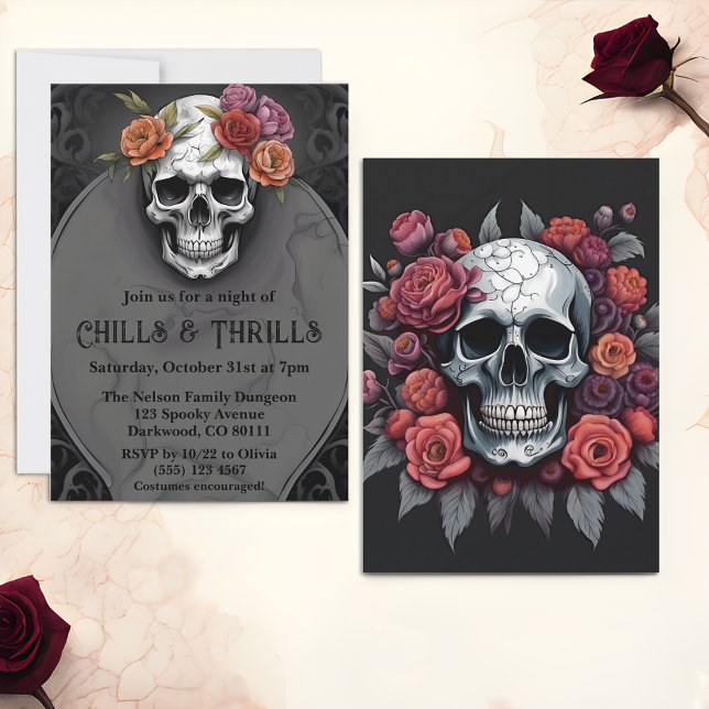 Convites de Festa de Halloween de Caveira Macabra  (🌹 Macabre Elegance: Floral Skull Halloween Invitations! 🦇)
