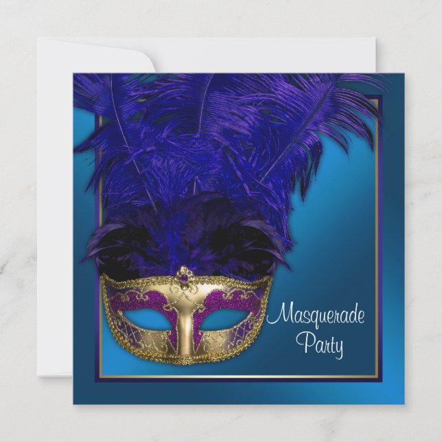 Convites de Festa de Máscaras Azul Real Dourado (Frente)