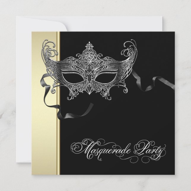 Convites de festa de máscaras em preto dourado ele (Frente)