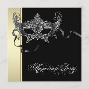 Convites de festa de máscaras em preto dourado ele