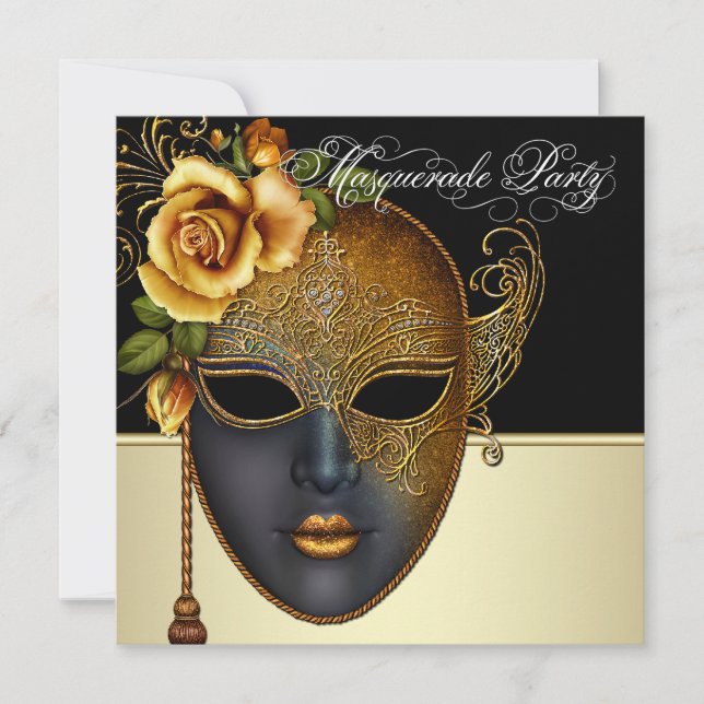 Convites de festa de máscaras em preto dourado ele (Frente)