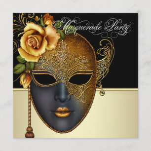 Convites de festa de máscaras em preto dourado ele