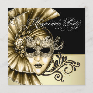 Convites de festa de máscaras em preto dourado ele