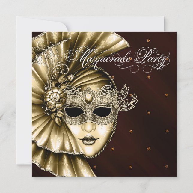 Convites de festa de máscaras em preto dourado ele (Frente)