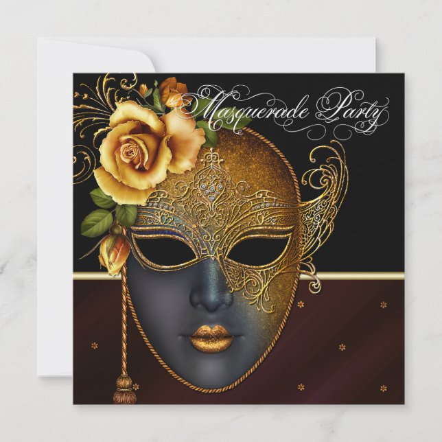 Convites de festa de máscaras em preto dourado ele (Frente)
