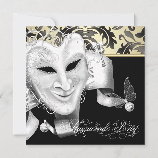 Convites de festa de máscaras em preto dourado ele (Frente)