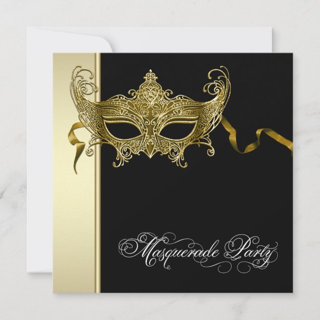 Convites de festa de máscaras em preto e dourado e (Frente)