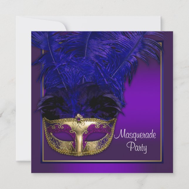Convites de festa de máscaras em roxo dourado eleg (Frente)