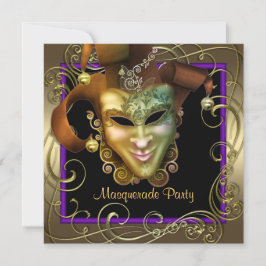 Convites de festa de máscaras em roxo dourado eleg
