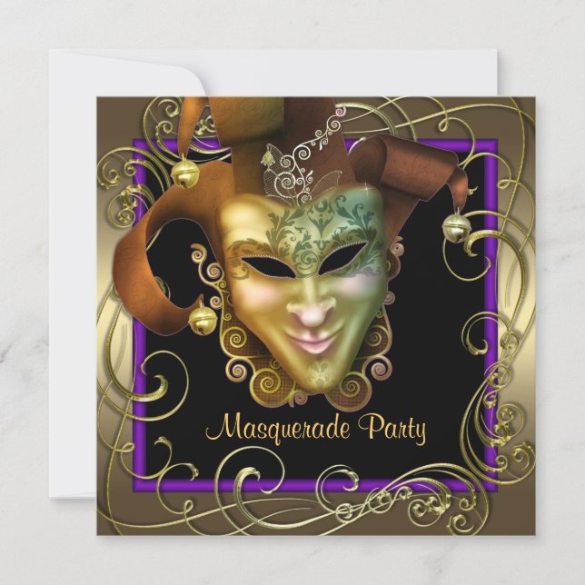 Convites de festa de máscaras em roxo dourado eleg (Frente)