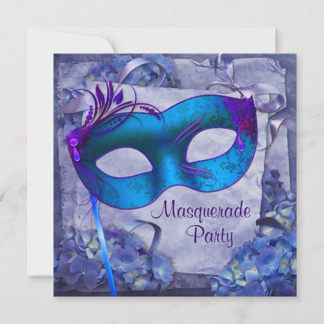 Convites de festa de máscaras Hortênsia Roxa Azul (Frente)