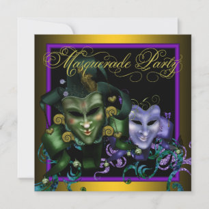 Convites de Festa de Máscaras Verde Dourado Roxo