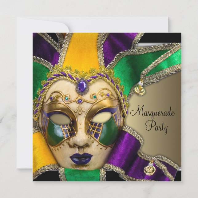 Convites de Festa de Máscaras Verde Roxo Dourado (Frente)