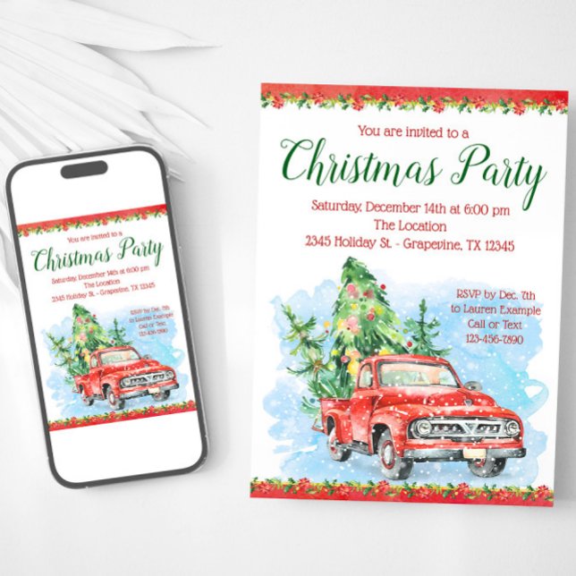 Convites de Festa de Natal com Caminhão Antigo (Vintage truck Christmas party invitation. Available for instant download and print.)
