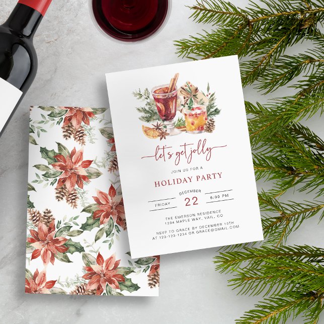 Convites de Festa de Natal de Bebida de Feriado (Let's Get Jolly Holiday Party Invitation with Pattern on Back by Painted Paperie)